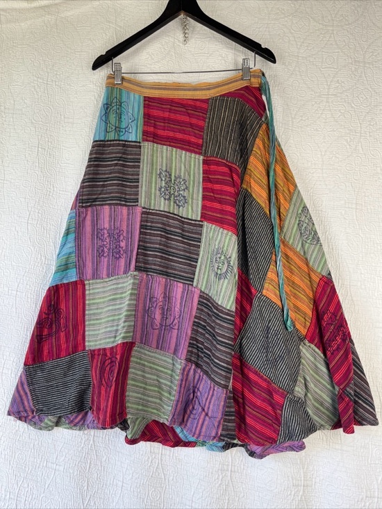 Patchwork Wrap Around Skirt Boho Hippie 100 Cotton Maxi Skirts One Size Nepal OS - Picture 11 of 16
